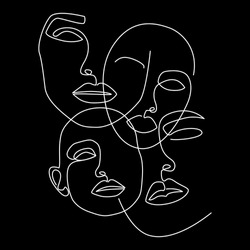 Abstract faces line illustration. Minimalist face art. Black and white. Black background. One line drawing.