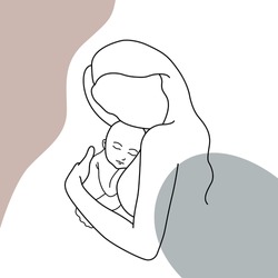 Minimalistic silhouette of woman holding baby. Mother and child. Modern illustration of mom with pastel colors. One line art.