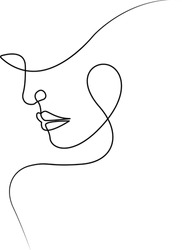 Minimalistic silhouette of woman face. Black and white. White background. One line drawing.