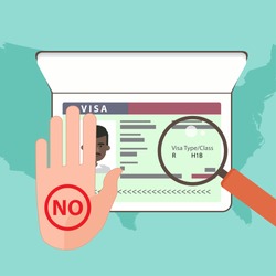 Illustration of the rejection in the US working visa to the foreign worker. Hand showing the failure on the background passport. Vector concept.
