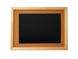 Cork note board with wooden frame with blank black corrugated cardboard sheet isolated on white background. Notice board with empty reminder note.
