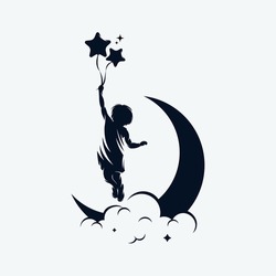 A child is flying holding balloons on the moon logo design template