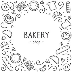 Hand drawn set of bakery and baking elements, bread, pastry, croissant, cake, donut. Doodle sketch style. Bakery element drawn by digital pen. Vector illustration for menu, frame, recipe design.