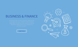 Hand drawn banner of business and finance elements, coin, calculator, piggy, money. Doodle sketch style. Business element drawn by digital pen. Illustration for banner, flyer, frame design template.