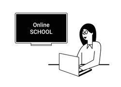 Distance learning. School online using a laptop. The teacher conducts the lesson online. Education with the help of modern technologies. Black and white cartoon outline style illustration