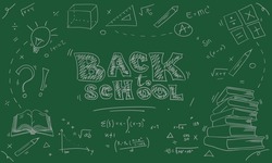 Back to school. Concept of education. School background with hand drawn school supplies and speech bubble with Back to School lettering in pop art style on green blackboard. 
delete mid for copy space