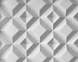 Background texture of square 3d white tiles on facade. Street stone cement wall with geometric rhombus pattern, concrete light gray polygons. Building cladding, architectural masonry