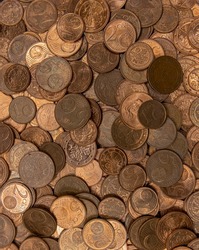1, 2 and 5 cent euro copper cent money pieces as closeup pile
