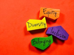 Business concept.Text Equity Diversity Inclusion Belonging with colored wooden block isolated on a red background
