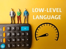 Miniature people,calculator and icon with text LOW-LEVEL LANGUAGE on yellow background.