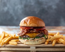 Wooden hamburger bacon fries cheeseburger