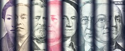 Portraits / images / faces of famous leader on banknotes, currencies of the most dominant countries in the world i.e. Japanese yen, US dollar, Chinese yuan, Australian dollar. Financial concept.