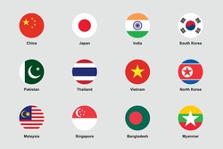 Asia Flags Round Flat Circle Icons Vector Set