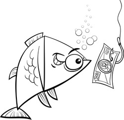 Black and White Cartoon Vector Concept Humor Illustration of Funny Fish and Fishing Hook with Money Bait