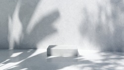 Podium for packaging presentation and cosmetic, tropical leaf shadow on a wall.  Product display with white concrete texture , stone texture. realistic rendering. 3d illustration.