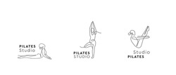 Pilates Studio Logo set. Pilates centre logotype. Vector symbol yoga. One line sign. 