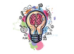 Light bulb with brain and drawing business strategy plan. Sketch brain data and start up concept. Vector illustration in cartoon style.