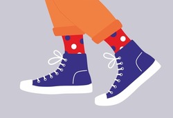 Shoe pair, boots, footwear. Canvas shoes. Feet legs walking in sneakers with colored socks and jeans. Fashion style high-top and low-top sneakers.Lace-up shoes. Color Isolated flat vector illustration