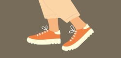 Shoe pair, boots, footwear. Sneakers shoes. Female or male in jeans walking in sneakers. Fashion style high-top and low-top sneakers. Lace-up shoes. Color Isolated flat vector illustration