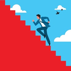 Career progress. successful businessman rising up the stairs. vector flat graphic illustration background