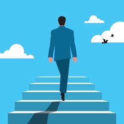 successful businessman rising up the stairs. Career progress vector flat graphic illustration background