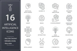 Artificial intelligence line icons. Set of brain, robot, ai, head, technology and more. Editable stroke.