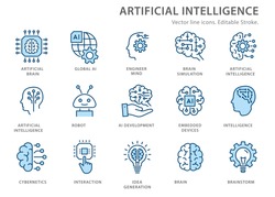 Artificial intelligence line icons. Set of brain, ai, head, machine, technology and more. Editable stroke.