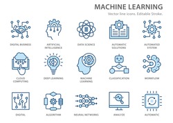 Machine learning line icons, such as artificial intelligence, digital business, automated system and more. Editable stroke.