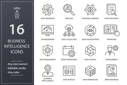 Set of business Intelligence icons, such as machine learning, data modeling, visualization, risk management and more. Editable stroke.