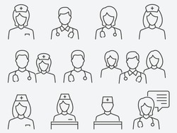 Doctor and Nurse line icons. Vector illustration isolated on white. Editable stroke.