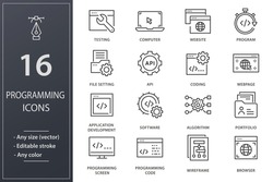 Programming line icons. Set of software, coding, website, API and more. Editable stroke.