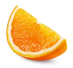 Oranges isolated. Ripe juicy orange slice isolated on white background. Fresh fruits.