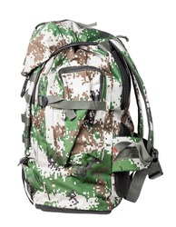Tactical backpack isolated on white background. Backpack in camouflage colors. Tactical backpack side view. Backpack camouflage pixel