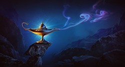 Golden magic lamp on bright and blue background