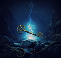 Golden key and blue background, Key to success