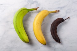 Process of ripening for banana showing a fresh green to yellow banana on left, an optimal ripened yellow banana in middle and a stale banana that turned dark brown due to enzymatic browning on right
