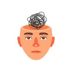 Human head with confused thoughts. The concept of a restless mind, chaos of consciousness, chaotic thinking. Anxiety mental disorder, frustration. Vector illustration isolated