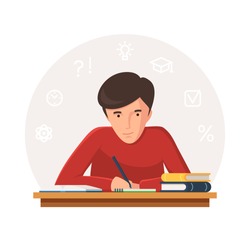 Student sitting at table with books and writing. Young people preparing for exams at University or school. Icons of learning. Vector illustration isolated on white background