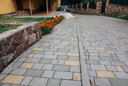Garden Patio in Backyard Stone Brick Pavers Hardscape Layout Design Top View
