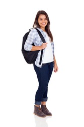 smiling teen high school girl with backpack isolated on white background