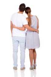 back view of young couple isolated on white background