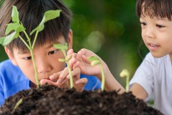 Selective focus at young seedling growing from black soil with backgroud of out focus young Asian boy and girl. Earthday concept.