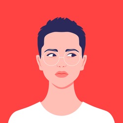 Portrait of a short-haired girl. Androgin looking with a sidelong glance. Diversity. Avatar for a social network. Student. Vector flat illustration