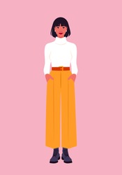 Portrait of a full-length Hispanic woman. Trendy casual outfit. Vector flat illustration
