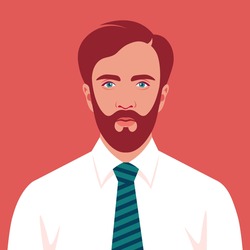 Portrait of a brown-haired man with necktie. Avatar of a businessman with beard. A young politician. Vector flat illustration