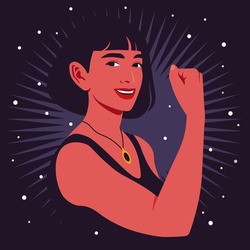 Portrait of a strong Hispanic woman in half-turn showing her arm and muscles. Gesture. Women’s rights and diversity. Avatar for social media. Vector illustration in flat style.