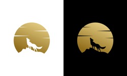 Illustration vector graphic of design logo silhouette Beauty Howling Wolf and Golden Moon