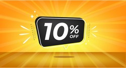 10% off. Yellow banner with ten percent discount on a black balloon for mega big sales.