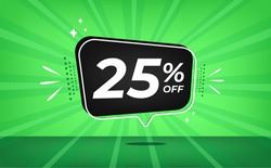 25% off. Green banner with twenty-five percent discount on a black balloon for mega big sales.