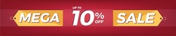 10% off. Horizontal red banner. Advertising for Mega Sale. Up to ten percent discount for promotions and offers.